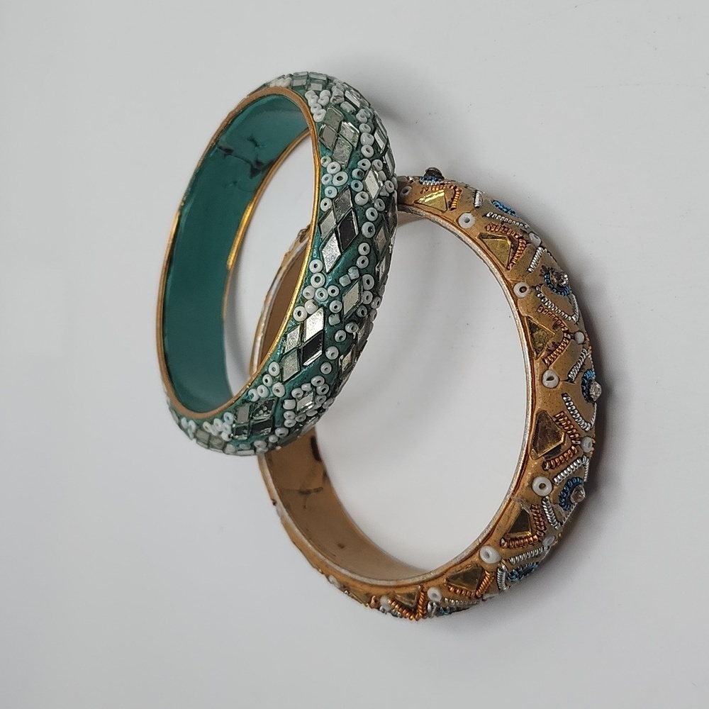 India Bollywood Beaded and Mirrors Bangle Bracelets Set of Two